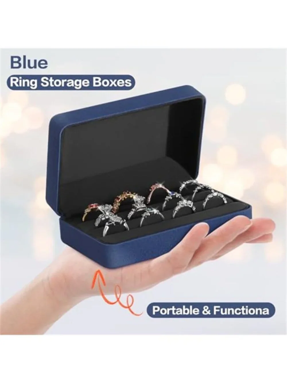 Blue Velvet Ring Box 3 Slot Travel Jewelry Case Portable Ring Organizer Gift
